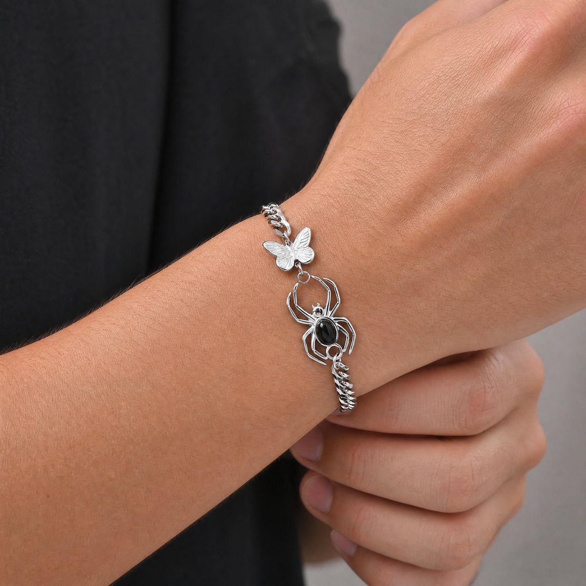 Kemstone Black Agate Spider Bracelet for Men Stainless Steel BR-3265
