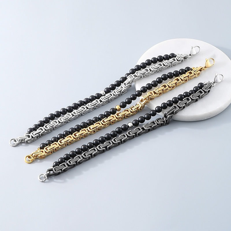 Kemstone Double Chain Bracelet for Men – Stainless Steel & Black Agate Beads, Viking Punk Style