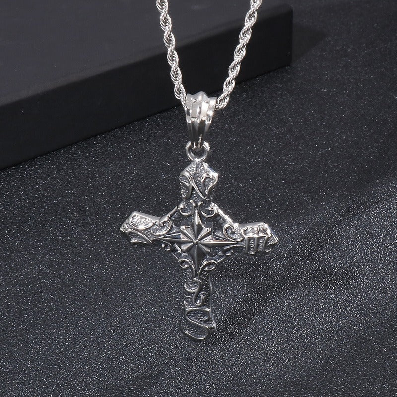 Kemstone Rugged Cross Pendant – Punk Vintage Stainless Steel Necklace for Men | Gothic Streetwear Jewelry KP56209