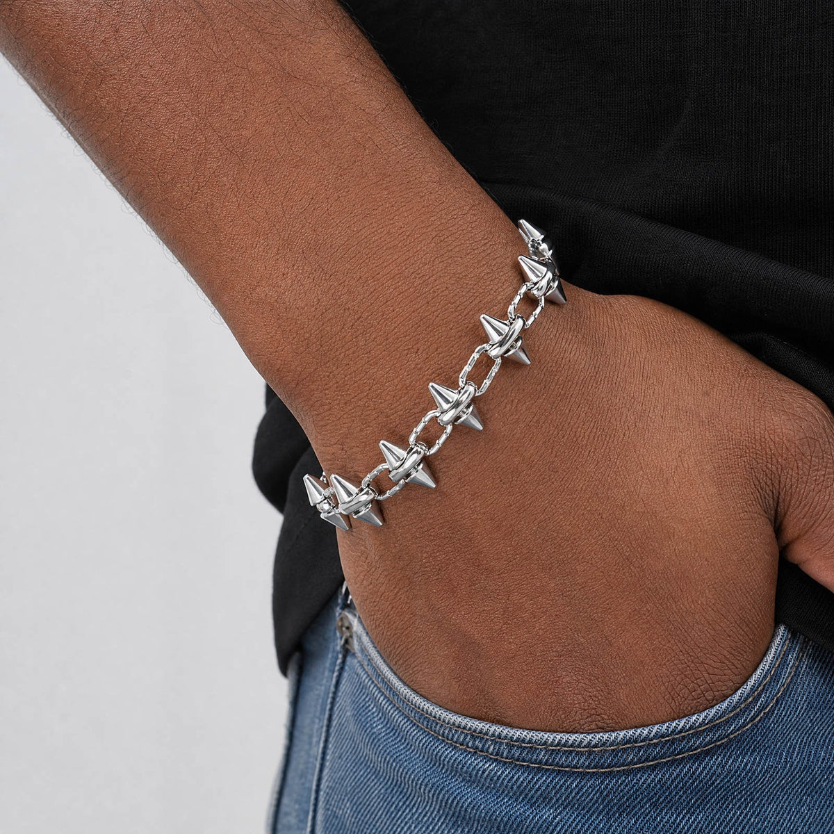 Kemstone Studded Link Bracelet for Men Stainless Steel Cone Stud BR-3298