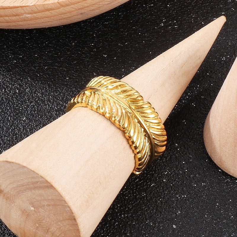 Kemstone Leaf Motif Titanium Steel Ring – Boho Gothic Nature-Inspired Punk Jewelry for Men KR108704