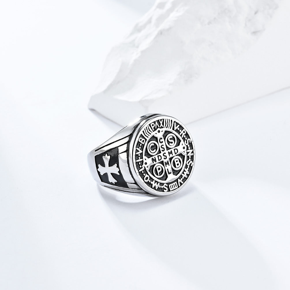 Kemstone Gothic Exorcist Ring – Vintage Stainless Steel Saint Benedict Cross Band for Men | Punk Streetwear Style