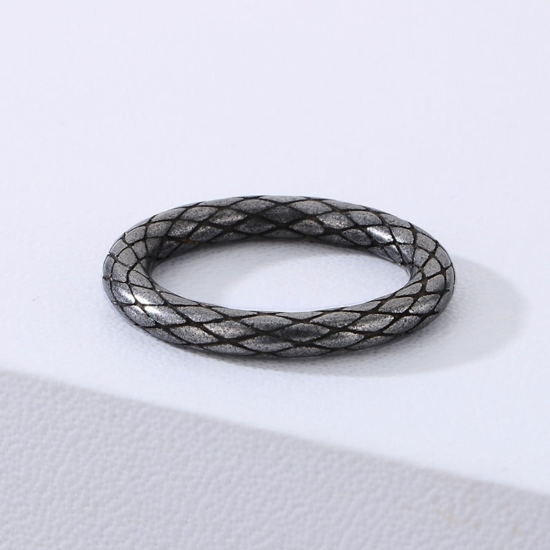 Kemstone Serpent Grid Ring – Distressed Stainless Steel Circle Band for Men | Gothic Punk Street Style KR1088455