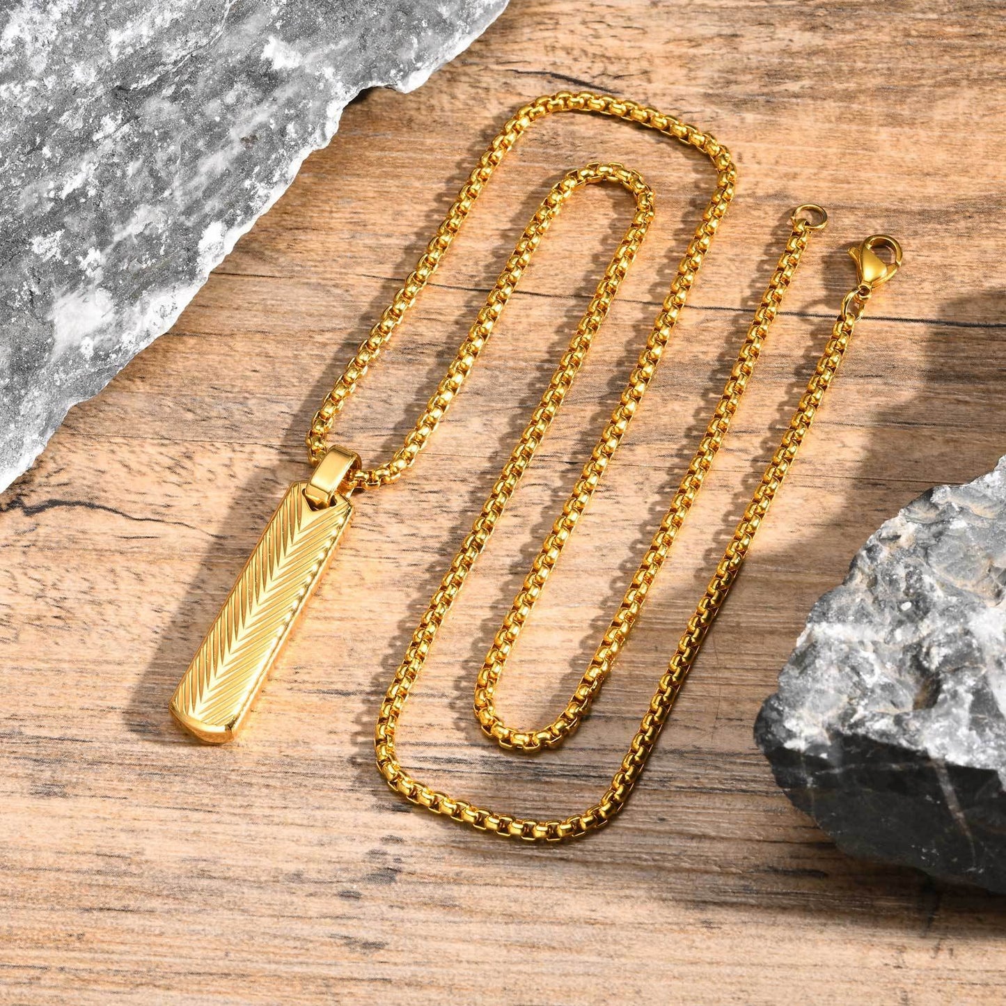 Geometric Bar Pendant Necklace for Men | Stainless Steel Chevron Engraved PN2071