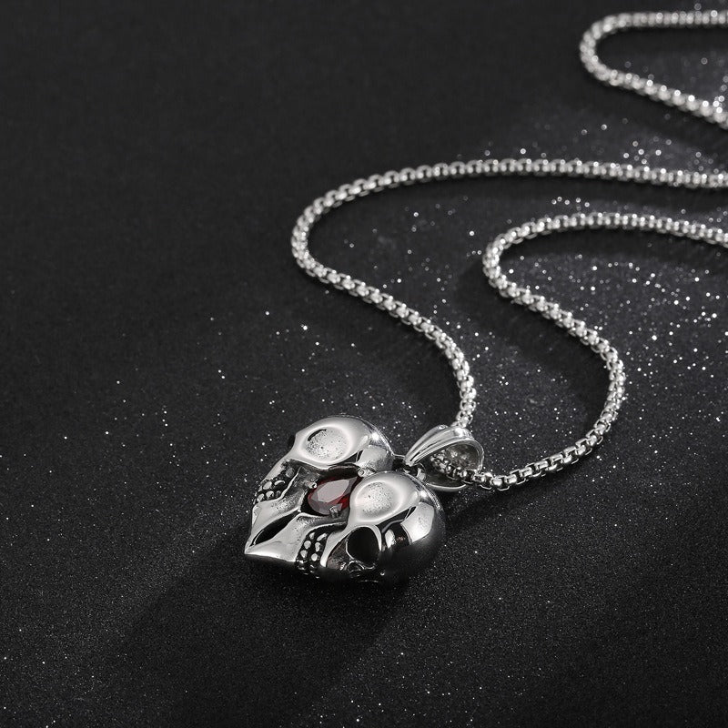 Kemstone Titanium Steel Skull Heart Necklace – Gothic Red Zircon Pendant KP98350
