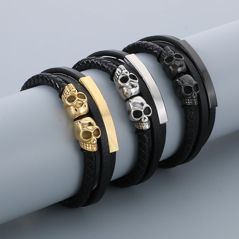 Kemstone Men’s Skull Leather Bracelet – Stainless Steel Punk Biker Jewelry KB180009