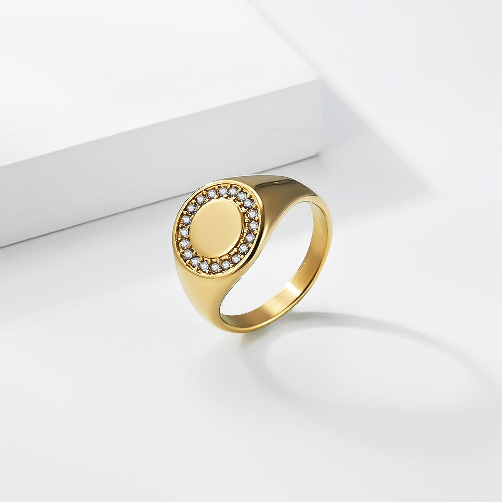 Kemstone Stainless Steel Round Signet Ring with Cubic Zirconia Halo for Men & Women Gold Silver K-R1137