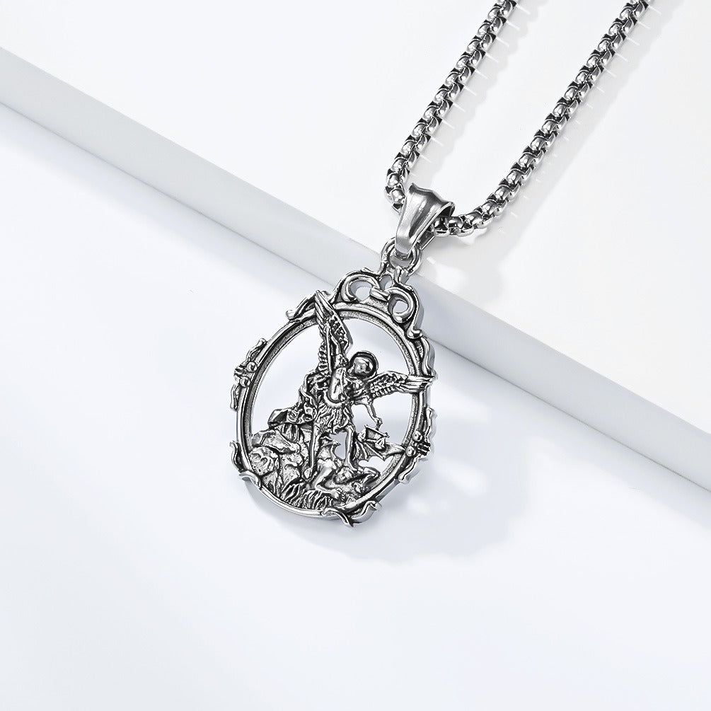 Kemstone Stainless Steel Angel Pendant Necklace for Men Vintage Relief Archangel Medallion Oval Silver Gold Black K-PT711