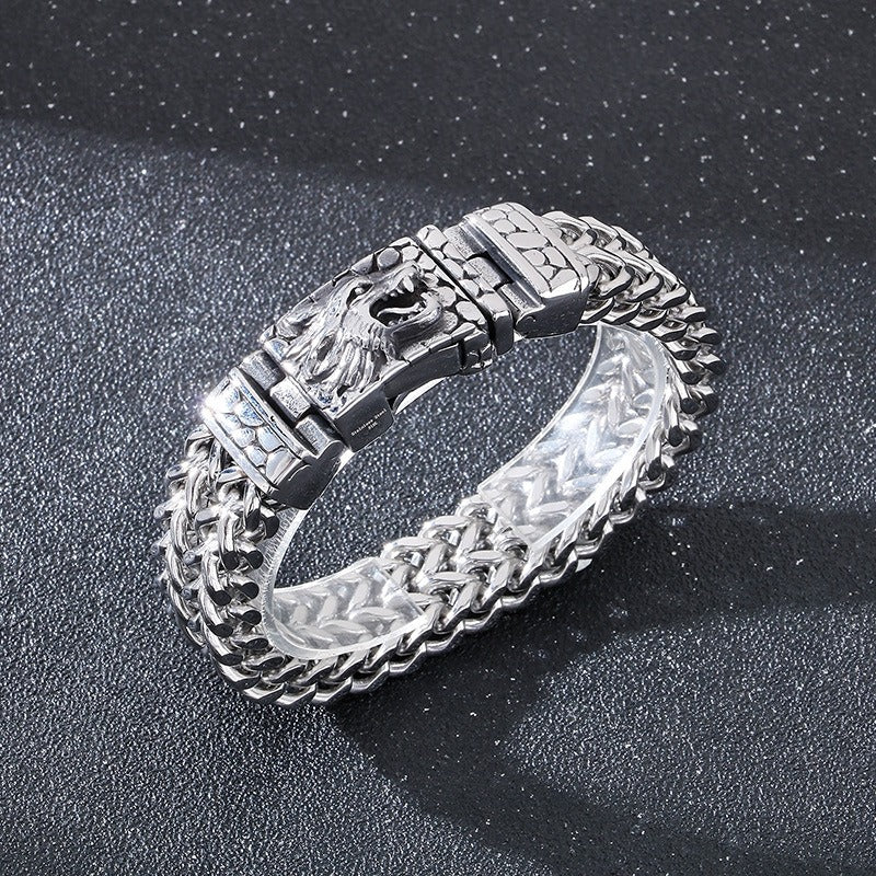 Bracciale in acciaio inossidabile con testa di lupo - Catena punk norrena da 16 mm | Chiusura gotica resistente KB184384