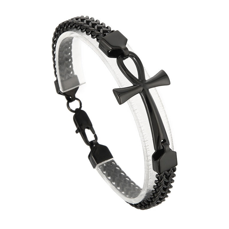 Kemstone Titanium Steel Rock 'n' Roll Dual-Weave Chain Bracelet with Vintage Cross Pendant KB164177-KFC