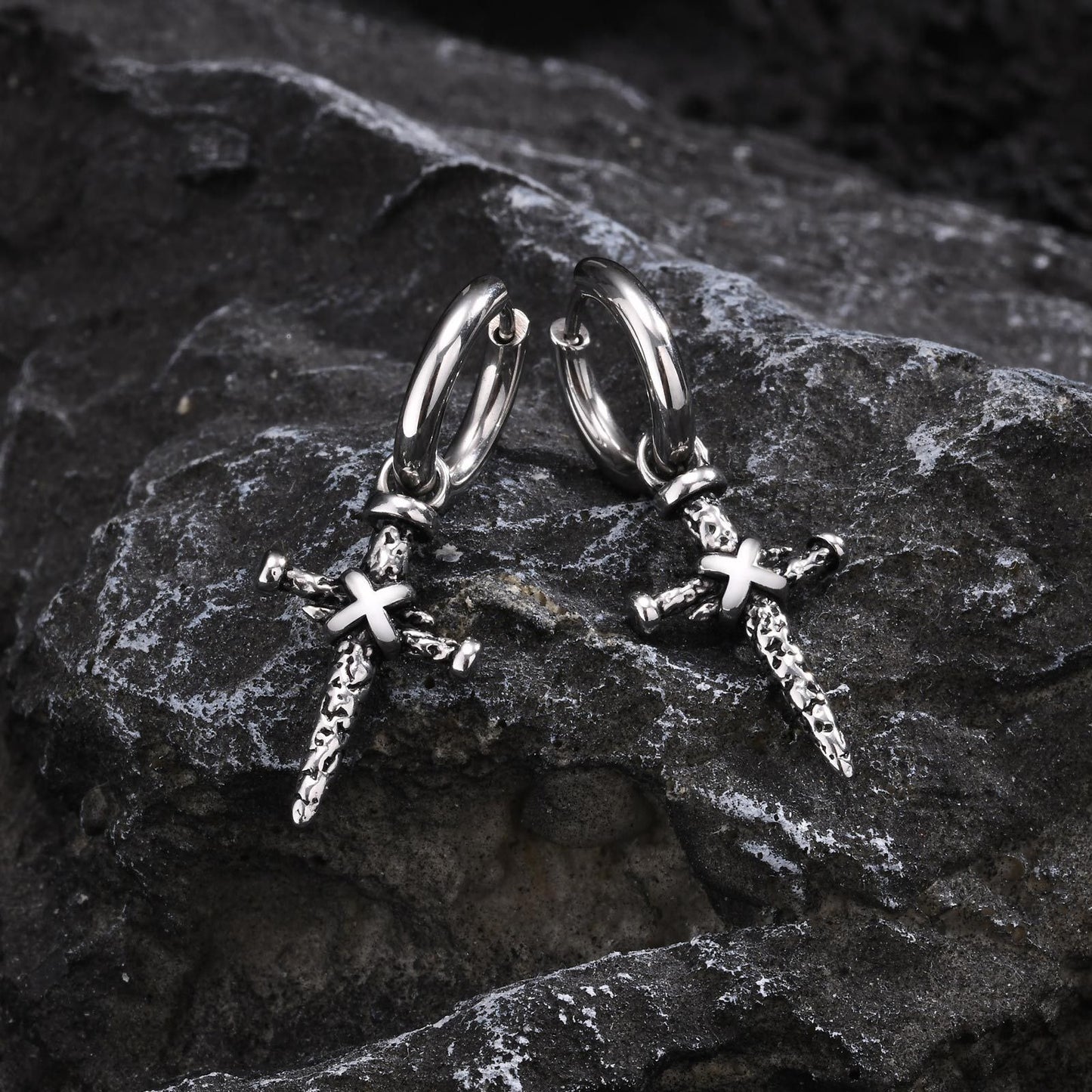 Kemstone Men’s Stainless Steel Cross Dagger Hoop Earrings – Punk Gothic Biker Jewelry ED768