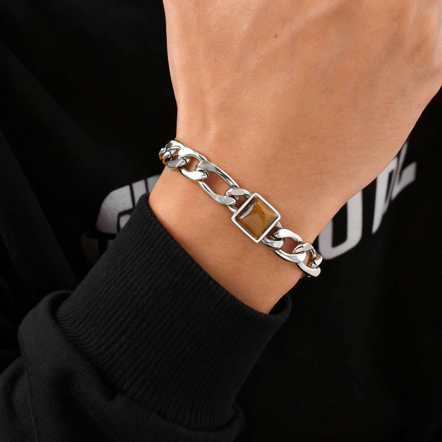 Kemstone Stainless Steel NK Chain Bracelet with Tiger Eye – Bold Link Style for Men BR-2741