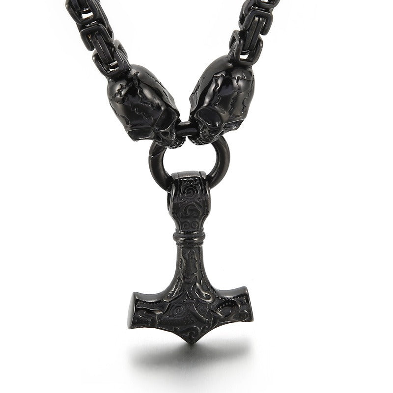 Kemstone Viking Thor’s Hammer Pendant – Stainless Steel Norse Amulet with Skull Connector KP96348