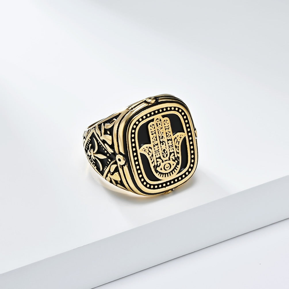 Kemstone Men’s Stainless Steel Hamsa Hand Ring – Vintage Protection Jewelry K-R904