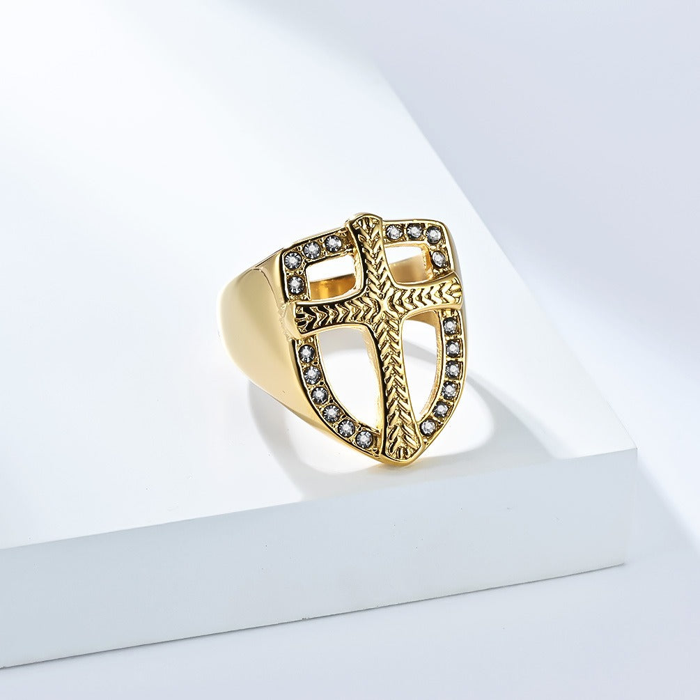 Kemstone Stainless Steel Shield Cross Ring for Men – Silver, Gold, Black K-R1010