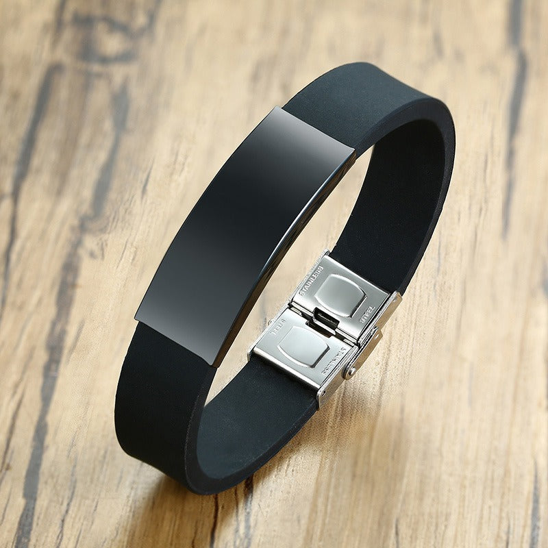 Kemstone Silicone & Stainless Steel Bracelet – Engravable Curved Plate Men’s Wristband BS-076