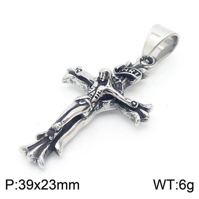 Kemstone Titanium Steel Punk Crown Cross Pendant – Vintage Hieroglyphic Engraved Necklace KP120067