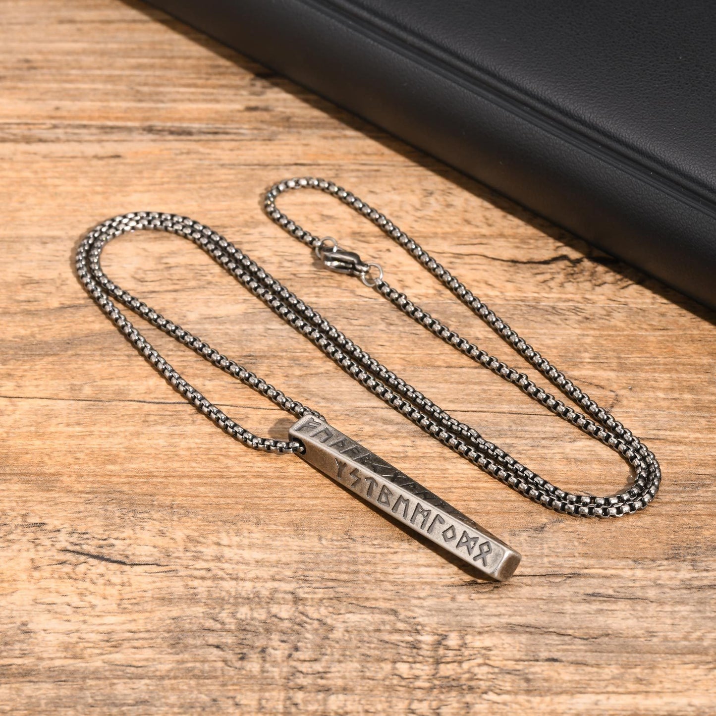 Kemstone Nordic Rune Bar Necklace – Stainless Steel Viking Pendant, Elder Futhark Engraving NC-1383