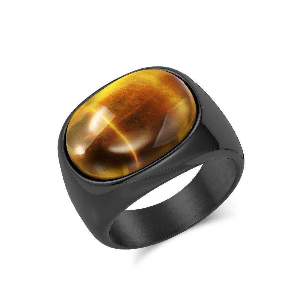 Kemstone Men’s Stainless Steel Tiger Eye Ring – Vintage Oval Gemstone Band K-R1030