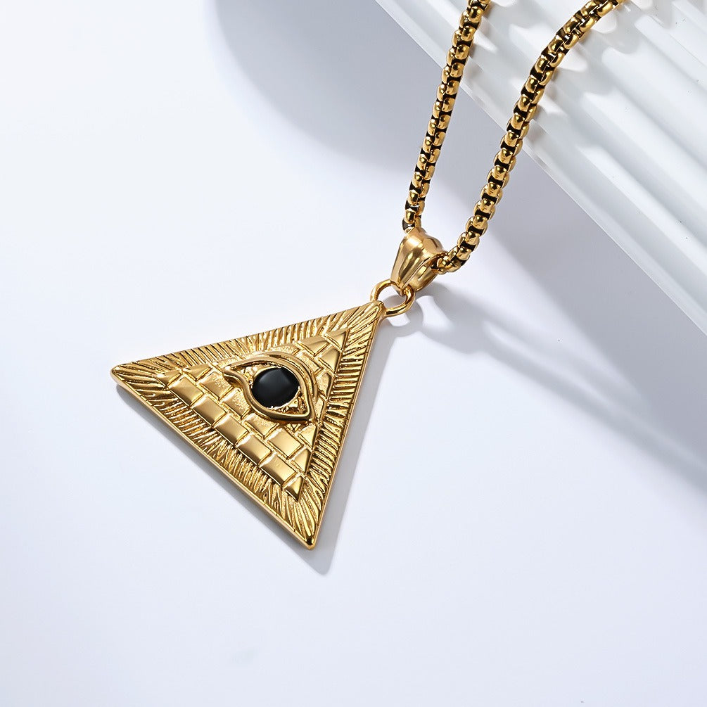 Kemstone Men’s Titanium Steel Pyramid Eye Necklace – Vintage Triangle Pendant K-PT660