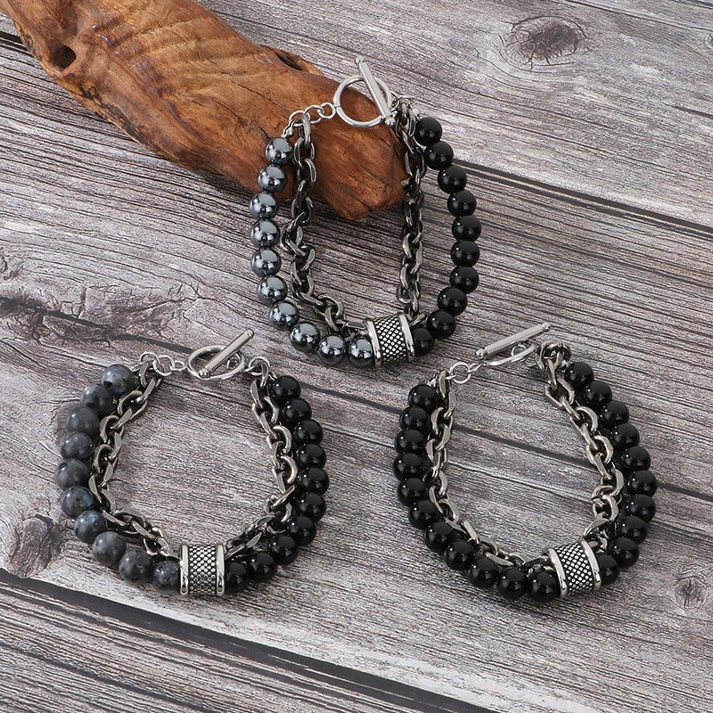 Kemstone Tiger Eye & Turquoise Bead Bracelet – Dual-Layer Steel Chain Men’s Jewelry with Vintage Map Stone Vibe KB182645
