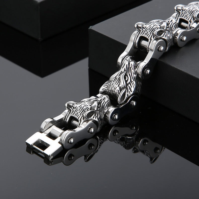 Kemstone Wolf Head Chain Bracelet – Titanium Steel Motorcycle-Inspired Men’s Jewelry KB152384