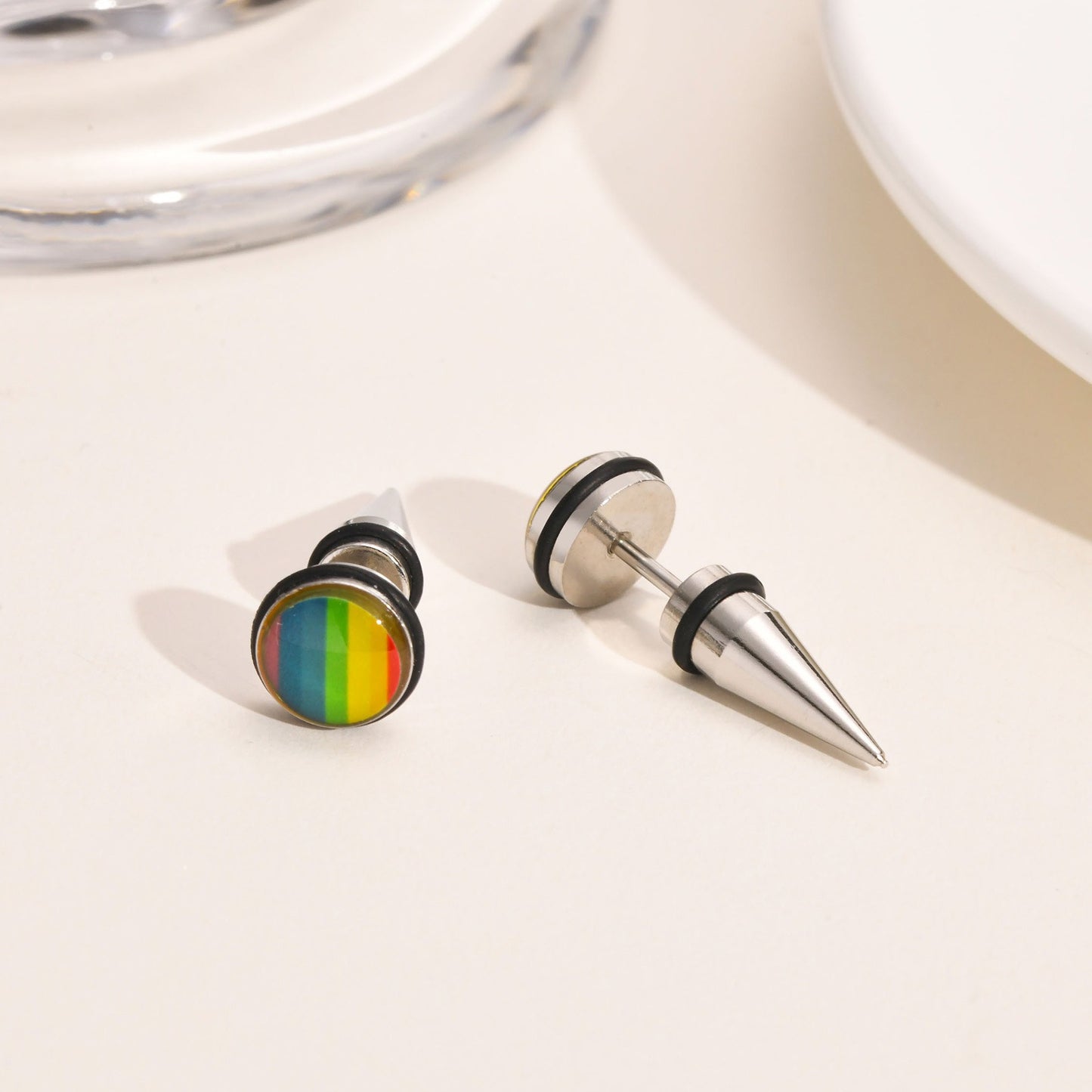 Kemstone Titanium Steel Gradient Ear Studs – Hypoallergenic 9mm Six-Tone Minimalist Jewelry PE-001
