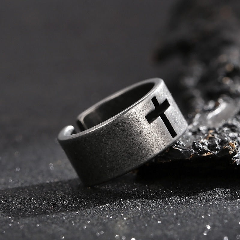 Kemstone Gothic Cross Adjustable Ring – Distressed Titanium Steel Openwork Men’s Jewelry KR104680