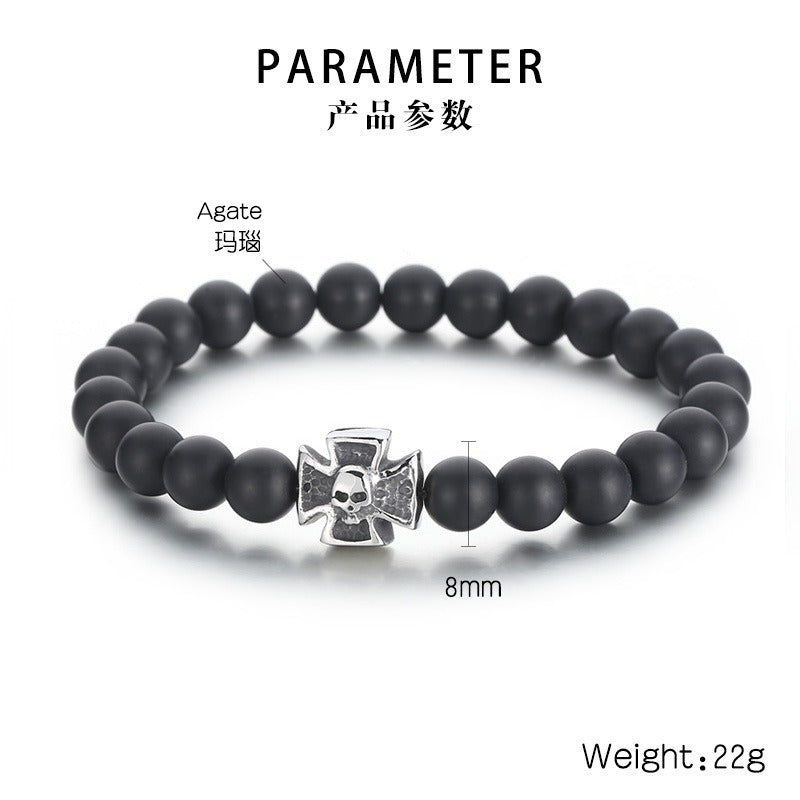 Kemstone Black Onyx Skull Bracelet – Gothic Cross, Howlite & Tiger Eye Beads with Adjustable Titanium Steel Chain for Men KB70686-BD