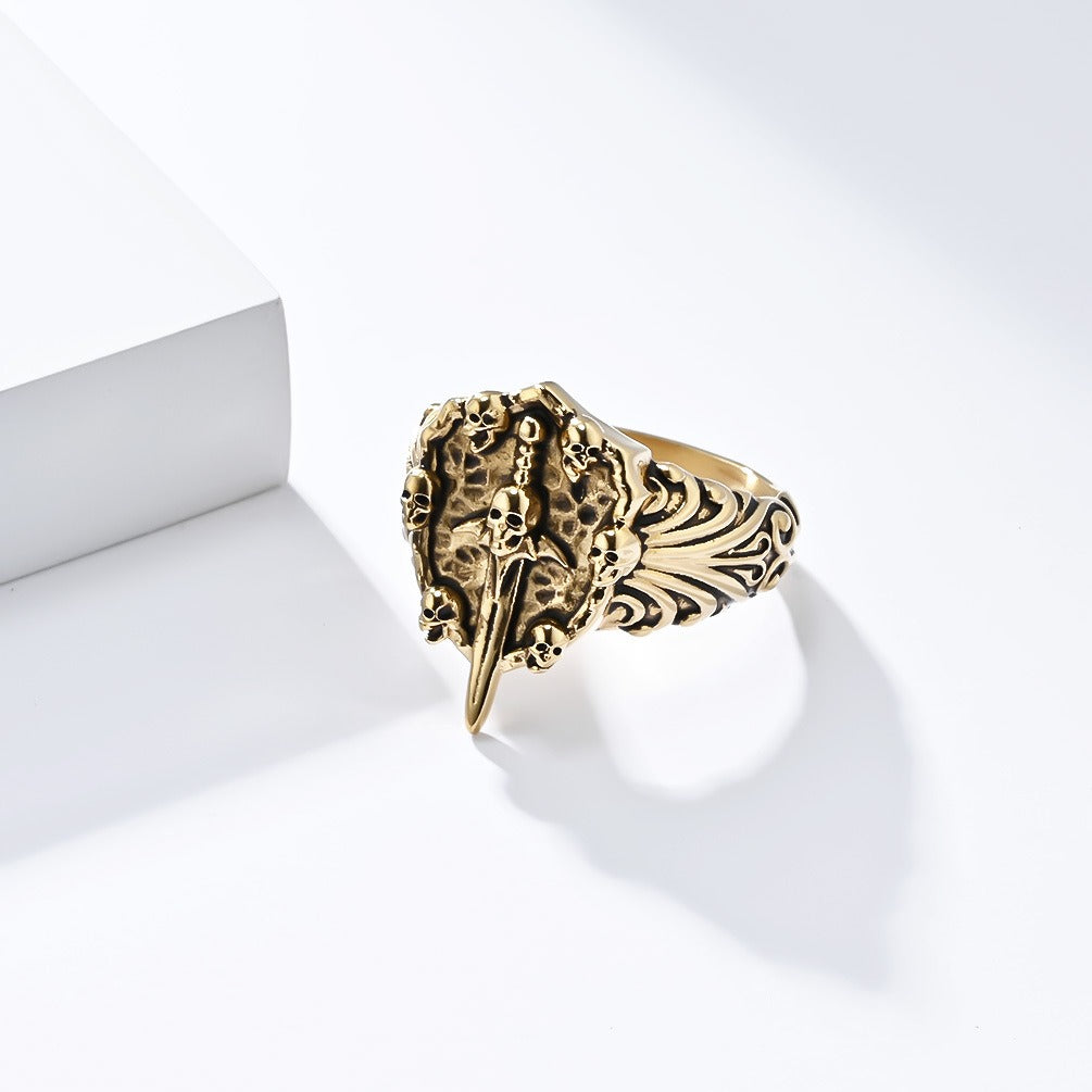 Kemstone Titanium Steel Skull Sword Ring – Gothic Vintage Band K-R830
