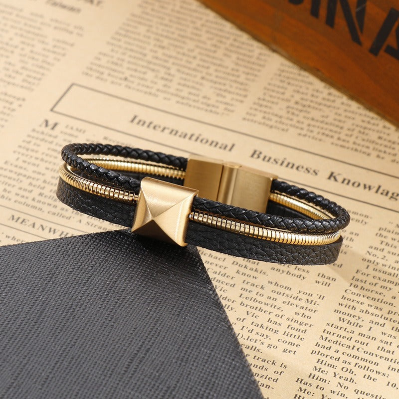 Kemstone Men’s Titanium Steel Leather Bracelet – Gold Snake Chain Wristband KB147381