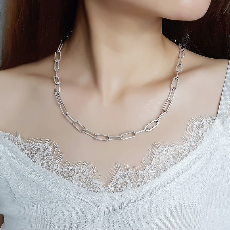 Collar de cadena de eslabones planos de acero inoxidable Kemstone - 6,5 mm, plata elegante para mujer NC-558