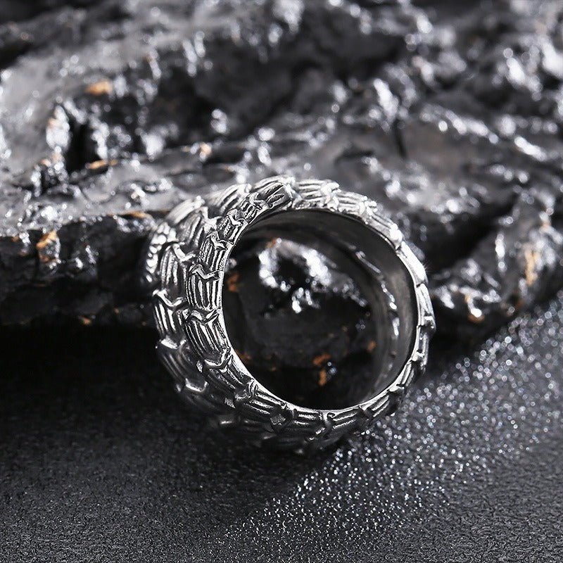 Kemstone Dark Forge Coiled Python Ring - Industrial Punk Stainless Steel Men's Statement Jewelry KR104866-KJX
