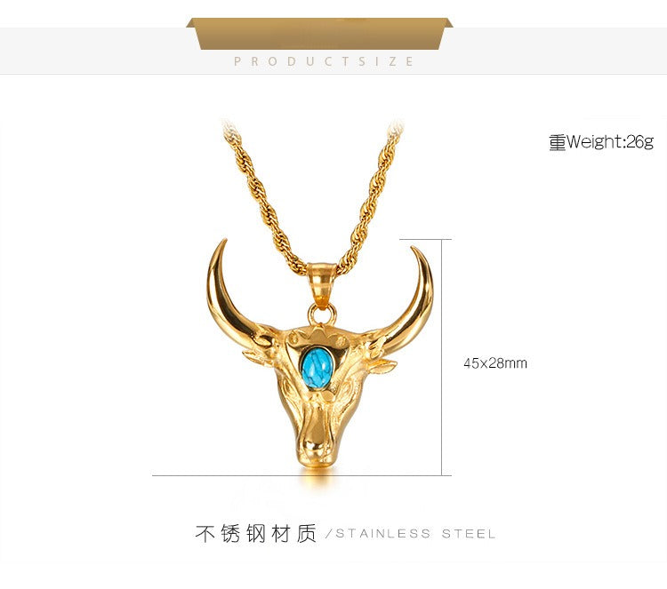 Kemstone Bull Horn Turquoise Pendant – Punk Titanium Steel Necklace for Men KP81530-K