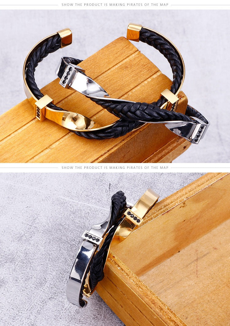 Kemstone Men’s Open Cuff Leather Bracelet – Braided Leather & Stainless Steel with Black Zircon | KB117781-KFC