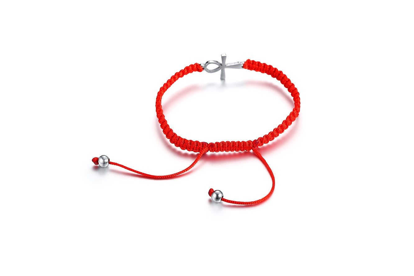 Kemstone Adjustable Ankh Cross Bracelet – Titanium Steel & Red Black Nylon Rope Men & Women BR525