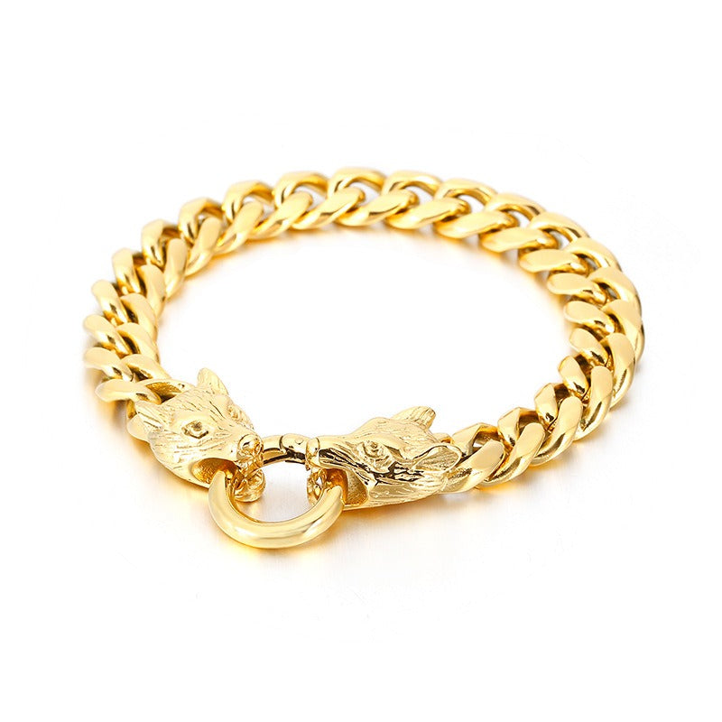 Set di catene in acciaio da uomo Kemstone - Bracciale e collana con testa di lupo per stile punk KB133023