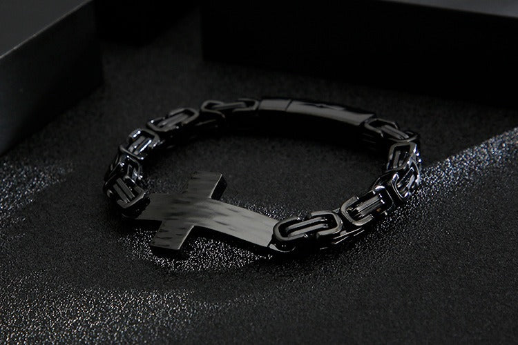 Kemstone Cross Pendant Retro Bracelet – Titanium Steel Cuff with Imperial Chain Design for Men KB122384