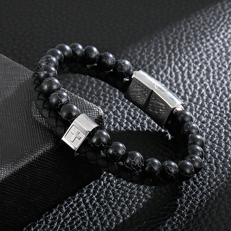 Bracciale da uomo in acciaio inossidabile Kemstone con croce in pelle e pietra turchese KB136651