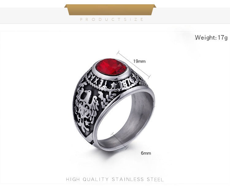 Kemstone Eagle Ring with Red/Blue Gemstones – Titanium Steel Punk Jewelry for Men | Gothic Streetwear Style KR45098-K