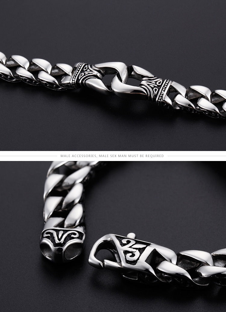 Kemstone Men's Vintage Cuban Chain Bracelet – Engraved Titanium Steel Punk Cuff for Gothic Streetwear KB80116-BD