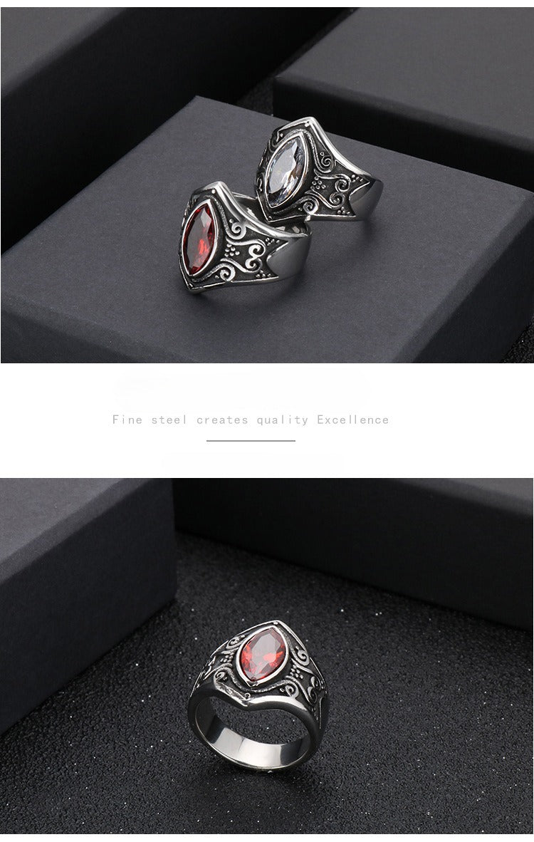 Kemstone Gothic Stainless Steel Signet Ring – Ornate Crystal Inlay Red Black White KR82457