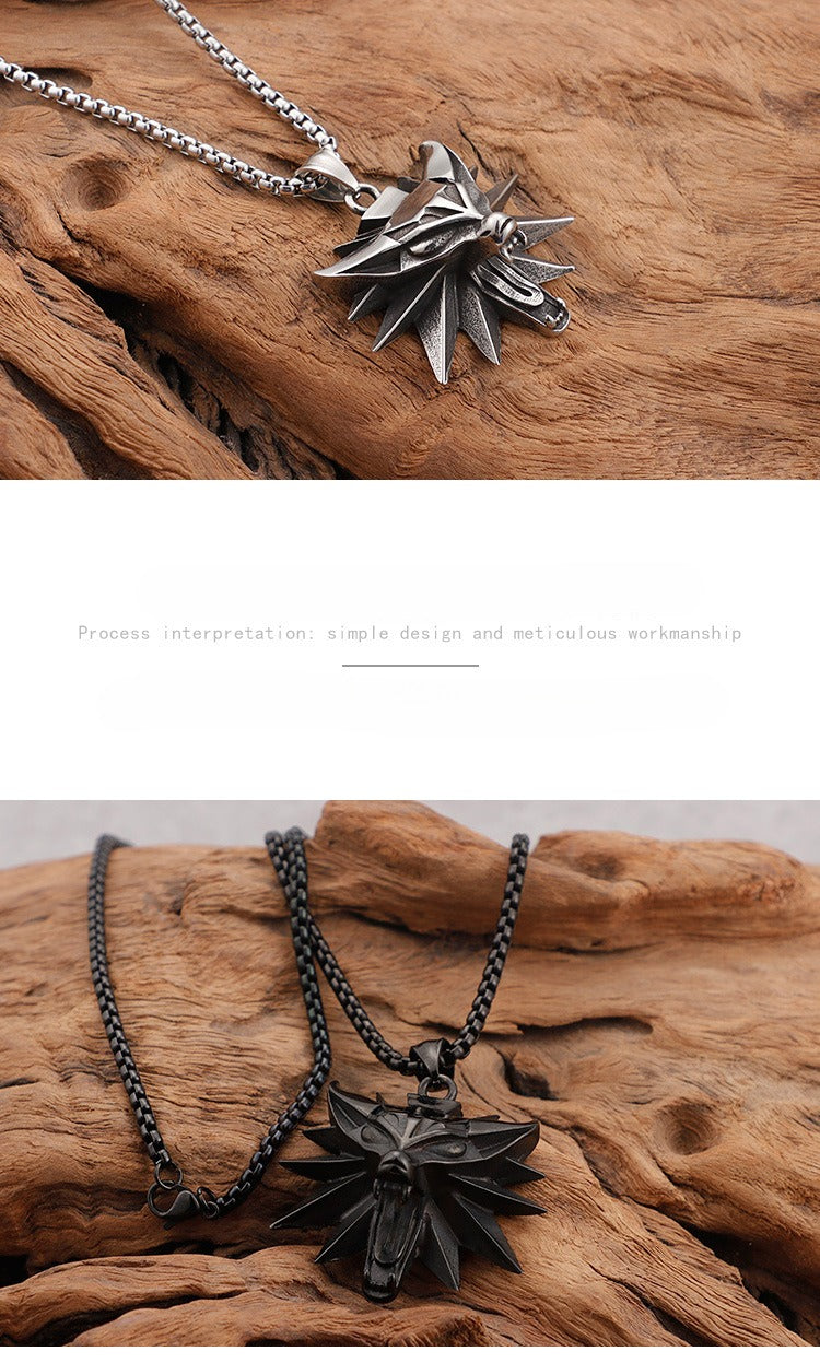 Witcher Wolf Head Pendant Necklace for Men – Gothic Viking Stainless Steel Medallion, Silver/Gold/Black KP59809-K