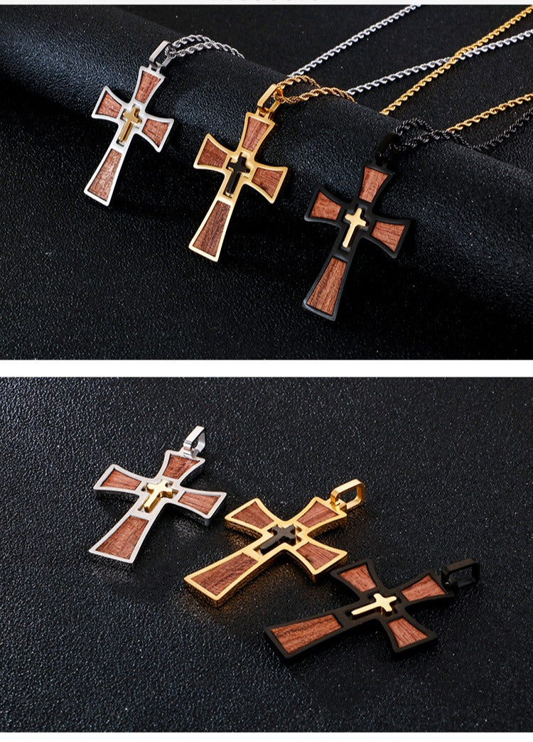 Kemstone Layered Stainless Steel & Wood Cross Pendant – Gothic Totem Necklace KP93475