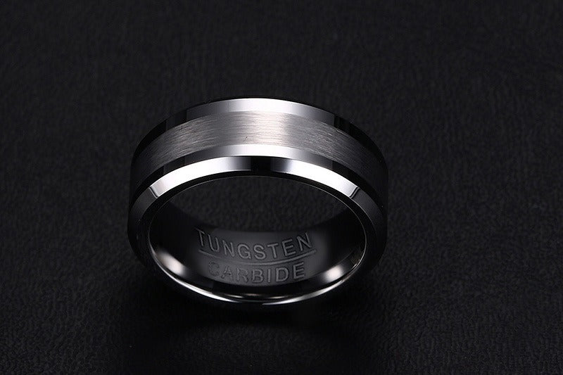 Tungsten Carbide Men's Ring – 8mm Brushed Band | Black & Silver Heavyweight Ring TCR-014
