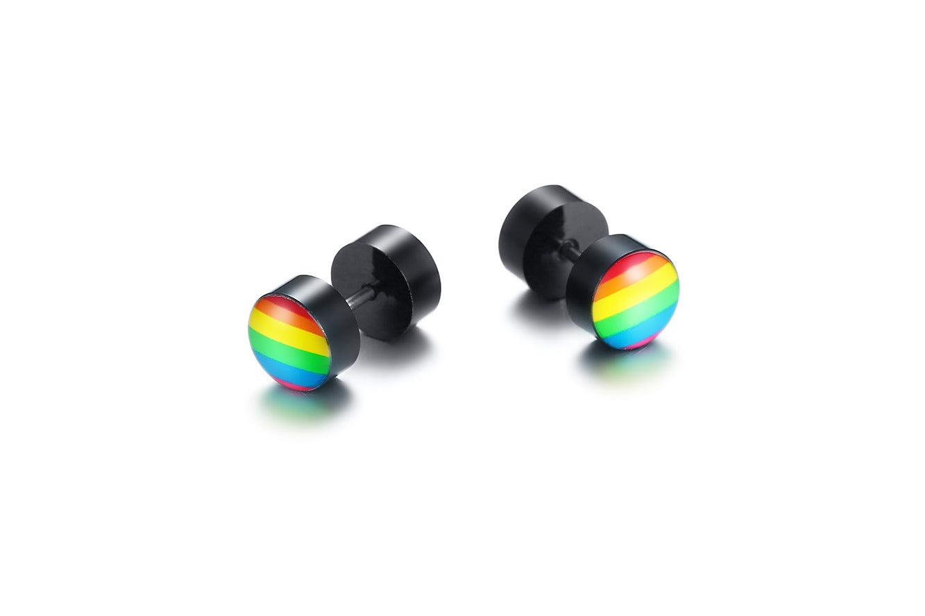 Rainbow Dumbbell Stud Earrings – Stainless Steel Pride Ear Jewelry | Street Gothic Color Edge PE-005