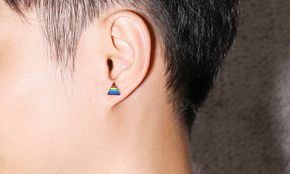 Stainless Steel Triangle Stud Earrings – Enamel Rainbow Edge for Men PE-003