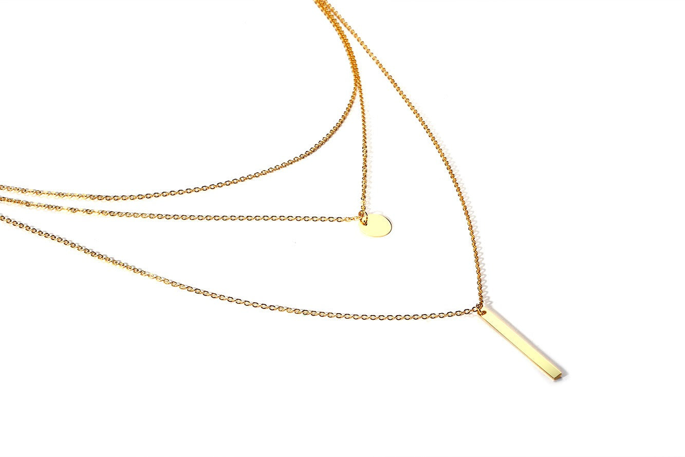 Geometric Triple Layer Necklace – Stainless Steel Bar & Circle Pendant in Gold | Gothic Minimalist Streetwear NC-428