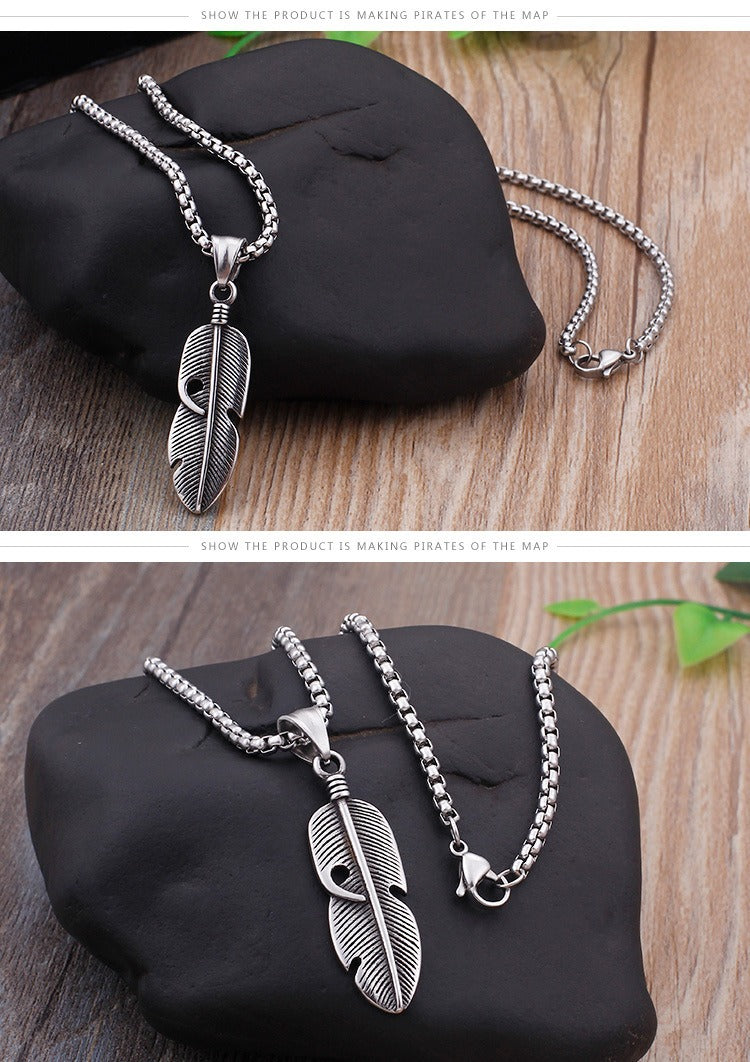 Collar con colgante de pluma Kemstone - Cadena de acero de titanio retro hueca estilo hip hop para hombre, accesorio ligero para ropa urbana KP77755-K