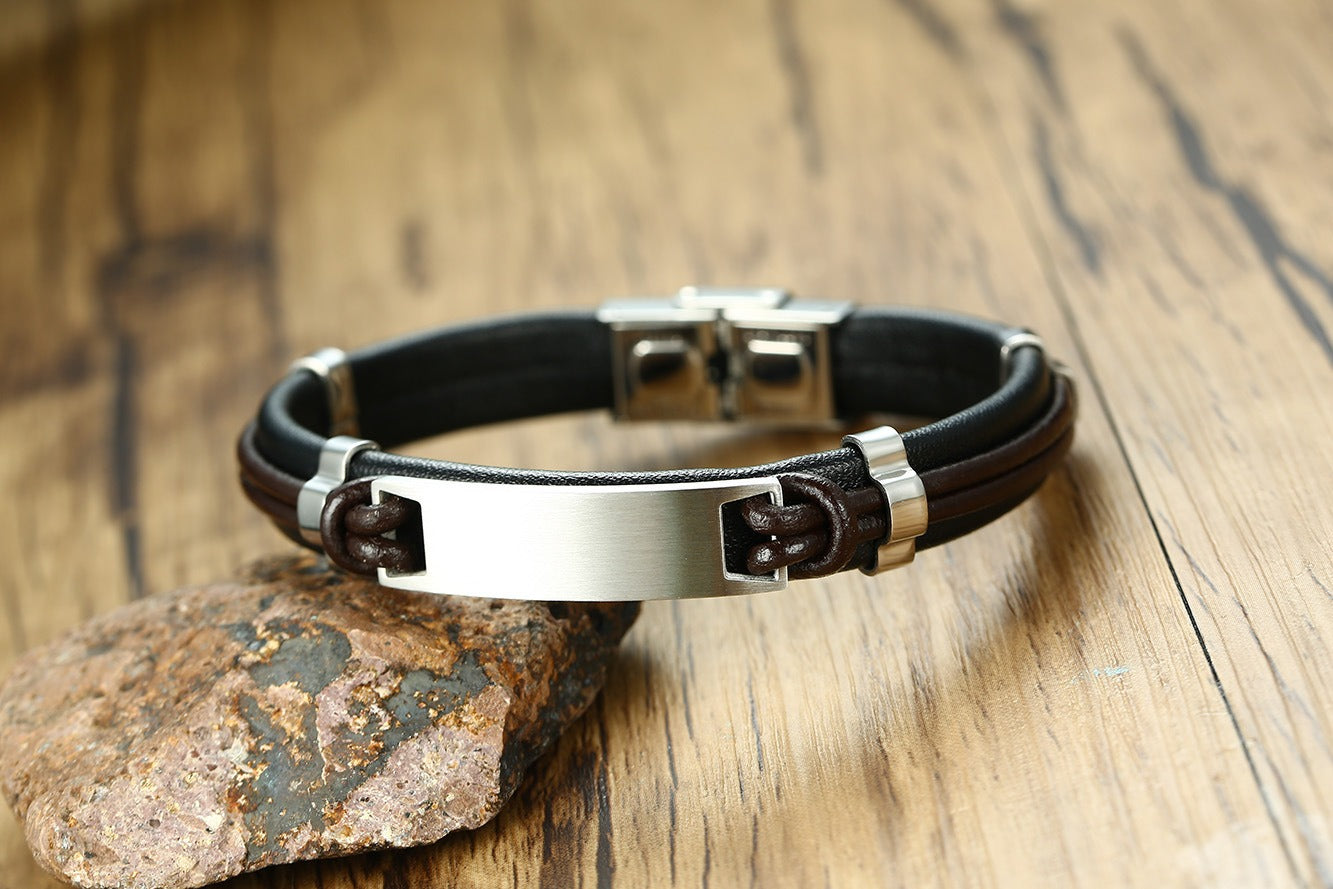 Men's Black Leather Bracelet with Matte Stainless Steel Plate – Gothic Street Power Style BL-344